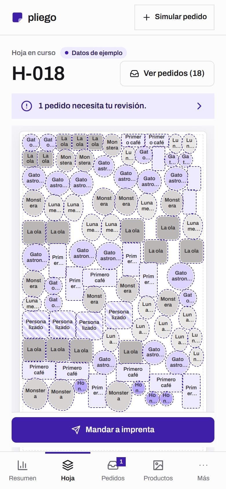 Pliego en un celular: la hoja en curso, con el aviso de revisión y los stickers acomodados.